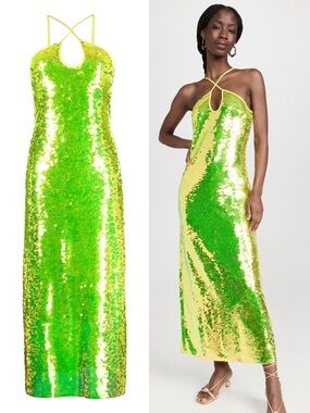 Cult Gaia NWT Lily Crisscross-Strap Sequin Maxi Dress in Acid Fern Green Medium